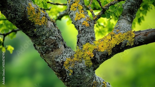 Tree trunk and branch featuring cracked bark adorned with vibrant green lichen contrasting beautifully with the surrounding natural environment photo