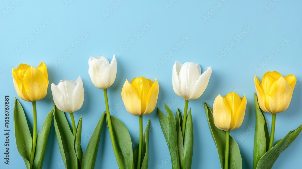 Stunning arrangement of yellow and white tulips on a soft blue backdrop Ideal for celebrations and special occasions Flat lay design with ample copy space Stunning arrangement of yellow and white tulips on a soft blue backdrop Ideal for celebrations and special occasions Flat lay design with ample copy space