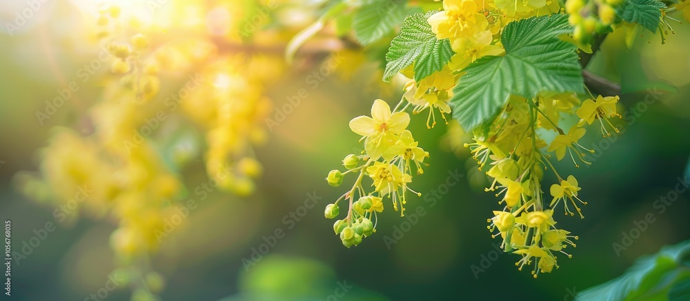 Golden Currant Ribes Aureum Yellow Flowers On A Bush Selective Focus Close Up Golden Currant Ribes Aureum Yellow Flowers On A Bush Selective Focus Close Up