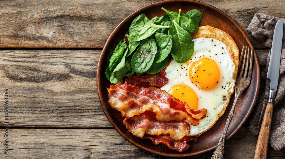 Savory breakfast plate featuring bacon eggs and spinach presented on a rustic wooden table alongside a knife and fork Savory breakfast plate featuring bacon eggs and spinach presented on a rustic wooden table alongside a knife and fork
