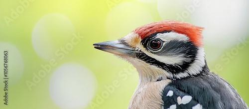 Close Up Portrait Ofmiddle Spotted Woodpecker Isolated On Bright Blirred Green Background photo