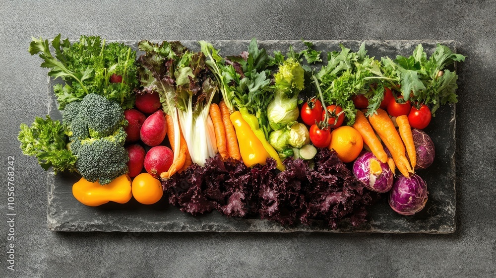 Mixed vegetables beautifully arranged on a stone platter Mixed vegetables beautifully arranged on a stone platter