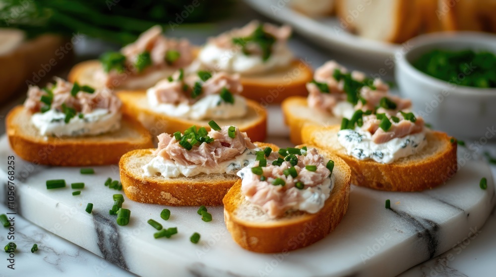 Baguette slices topped with fresh tuna cream cheese and chopped chives on a marble board arranged for a festive dining experience Baguette slices topped with fresh tuna cream cheese and chopped chives on a marble board arranged for a festive dining experience