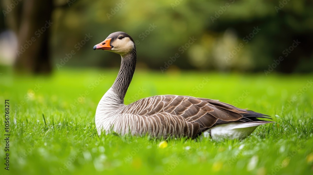 Breeding adult greylag goose resting on lush green grass Breeding adult greylag goose resting on lush green grass