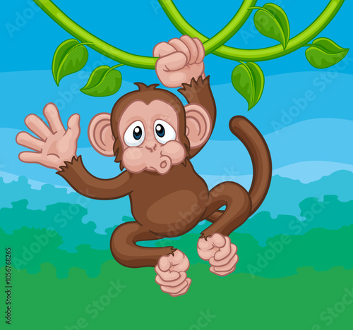 A monkey cartoon character singing on jungle vines and waving