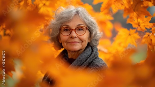 Elderly woman posing amidst vibrant orange autumn leaves in a tranquil park setting