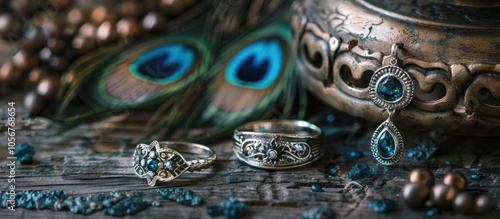 White Gold Ring And Earrings With Peacock Feather On Table