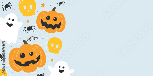 Halloween background with cute hand drawn pumpkins, ghosts and skulls in retro style. Vector illustration