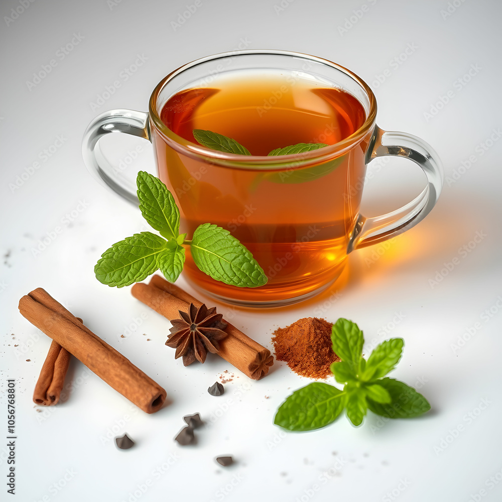 A front view cinnamon and mint alogn with fresh tea on white, ingredients spices color A front view cinnamon and mint alogn with fresh tea on white, ingredients spices color