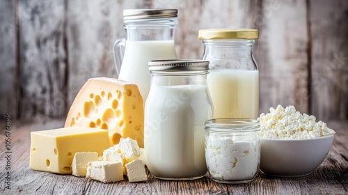 Dairy product assortment featuring jar of milk cheese butter yogurt sour cream and cottage cheese photo