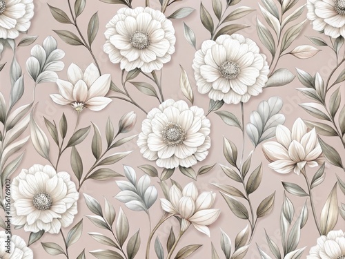 Wallpaper Mural Elegant Minimalist Seamless Floral Pattern with White Flowers and Gray Leaves on Soft Pink Background for Modern Decor and Design Projects Torontodigital.ca