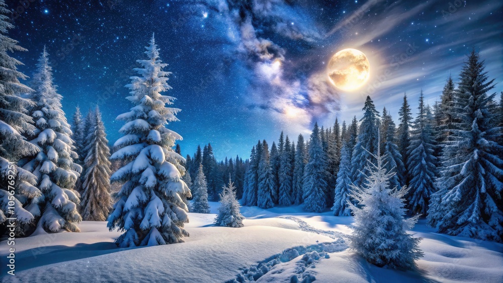 Enchanting Winter Night Landscape with Snowy Forest and Fir Branches under Starry Skies Enchanting Winter Night Landscape with Snowy Forest and Fir Branches under Starry Skies