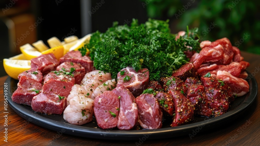 Assorted cuts of meat garnished with fresh parsley and spices Assorted cuts of meat garnished with fresh parsley and spices
