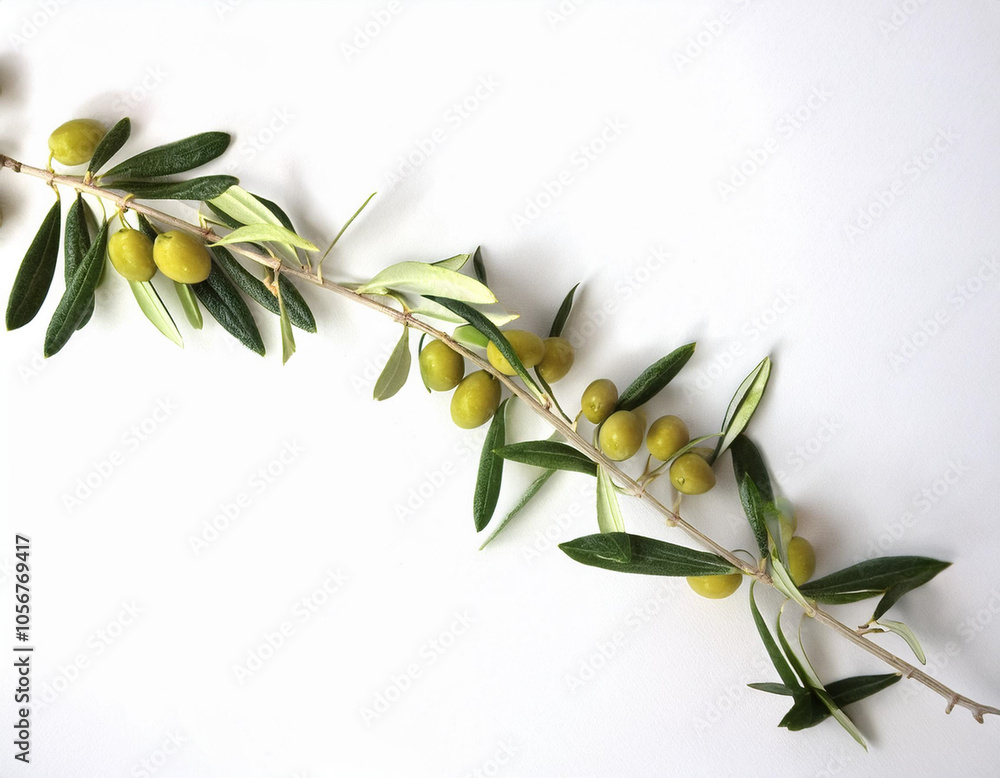 Peaceful Harmony Olive Branch with Green Olives and Leaves Against White Background Peaceful Harmony Olive Branch with Green Olives and Leaves Against White Background