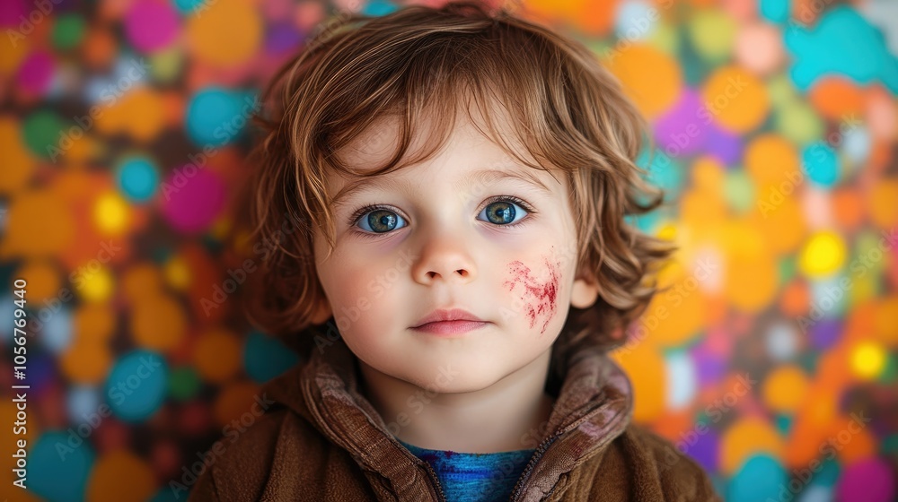 Playful child with a stained jacket gazing into the camera against a vibrant spotted background embodying a sense of curiosity and solitude Playful child with a stained jacket gazing into the camera against a vibrant spotted background embodying a sense of curiosity and solitude