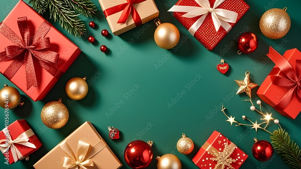 Christmas flat lay compositon with gift boxes, baubles, decorations on green background. Flat lay, top view, copy space. Christmas flat lay compositon with gift boxes, baubles, decorations on green background. Flat lay, top view, copy space.
