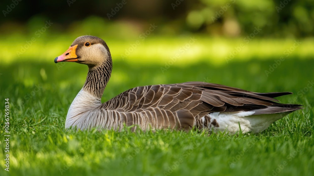 Breeding adult greylag goose resting on lush green grass Breeding adult greylag goose resting on lush green grass