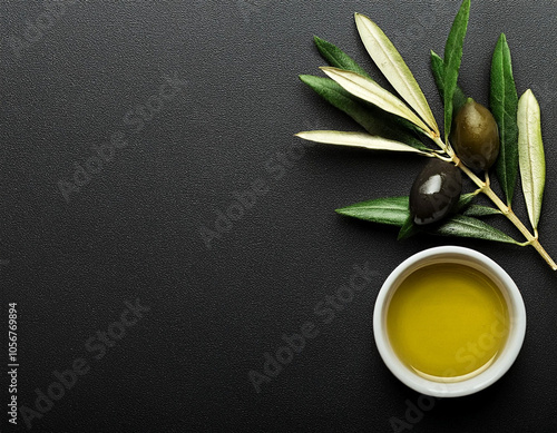 Peaceful harmony olive oil and olive branch against a dark backdrop photo