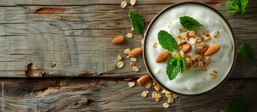 Yogurt In A Cup Decorated With Mint Leaves Almonds And An Almond And Cereal Grains Placed On An Old Wood Floor Yogurt In A Cup Decorated With Mint Leaves Almonds And An Almond And Cereal Grains Placed On An Old Wood Floor