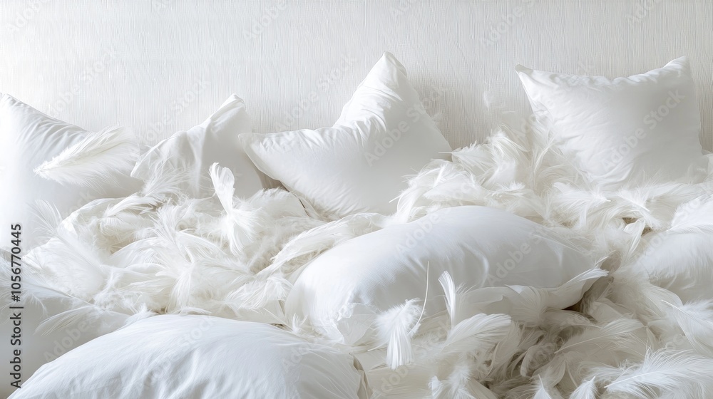 Fototapeta premium A multitude of white pillows creates a backdrop filled with disorganized feather cushions