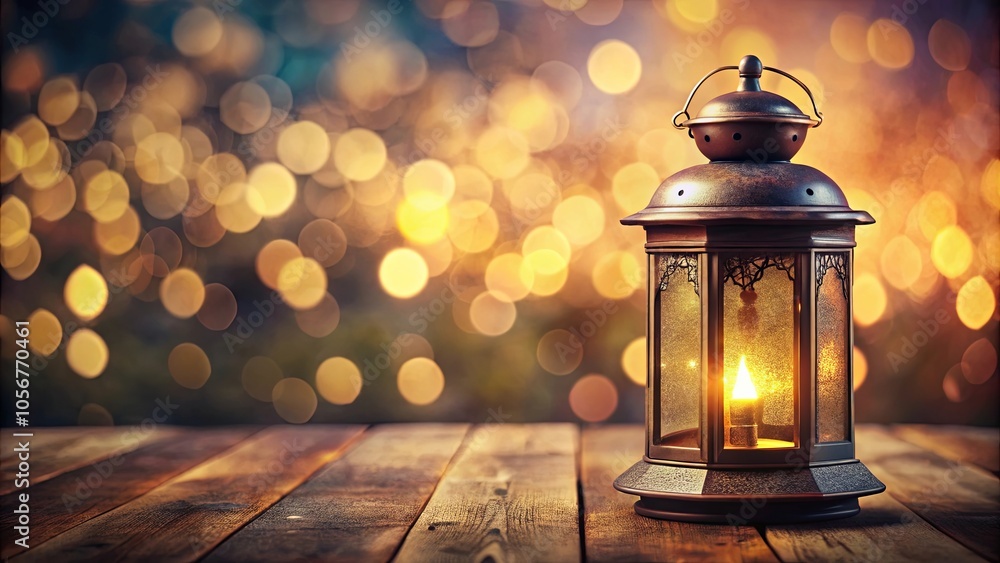 A solitary lantern glows with warm light against a backdrop of bokeh, casting a gentle luminescence on the aged wooden surface A solitary lantern glows with warm light against a backdrop of bokeh, casting a gentle luminescence on the aged wooden surface