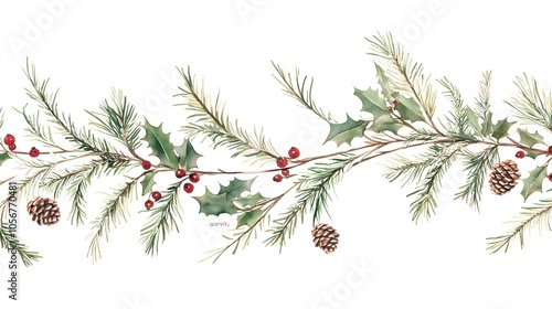 Wallpaper Mural Watercolor Christmas Garland with Green Pine Branches, Red Berries, and Brown Cones, Vintage Illustration on White Background, Perfect for Holiday Decor and Seasonal Designs Torontodigital.ca