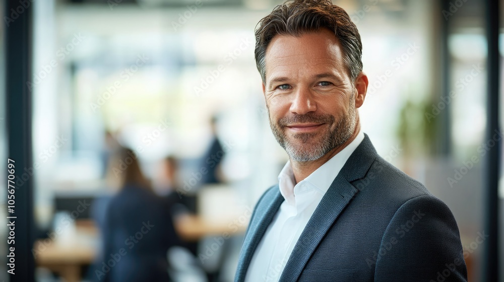 Portrait of a confident and smiling businessman in a suit positioned in a contemporary office with employees visible in the blurred background Portrait of a confident and smiling businessman in a suit positioned in a contemporary office with employees visible in the blurred background