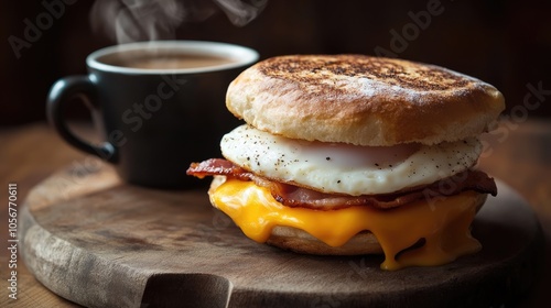 A delicious breakfast sandwich featuring a fried egg crispy bacon and melted cheese on a toasted English muffin served alongside a steaming cup of coffee