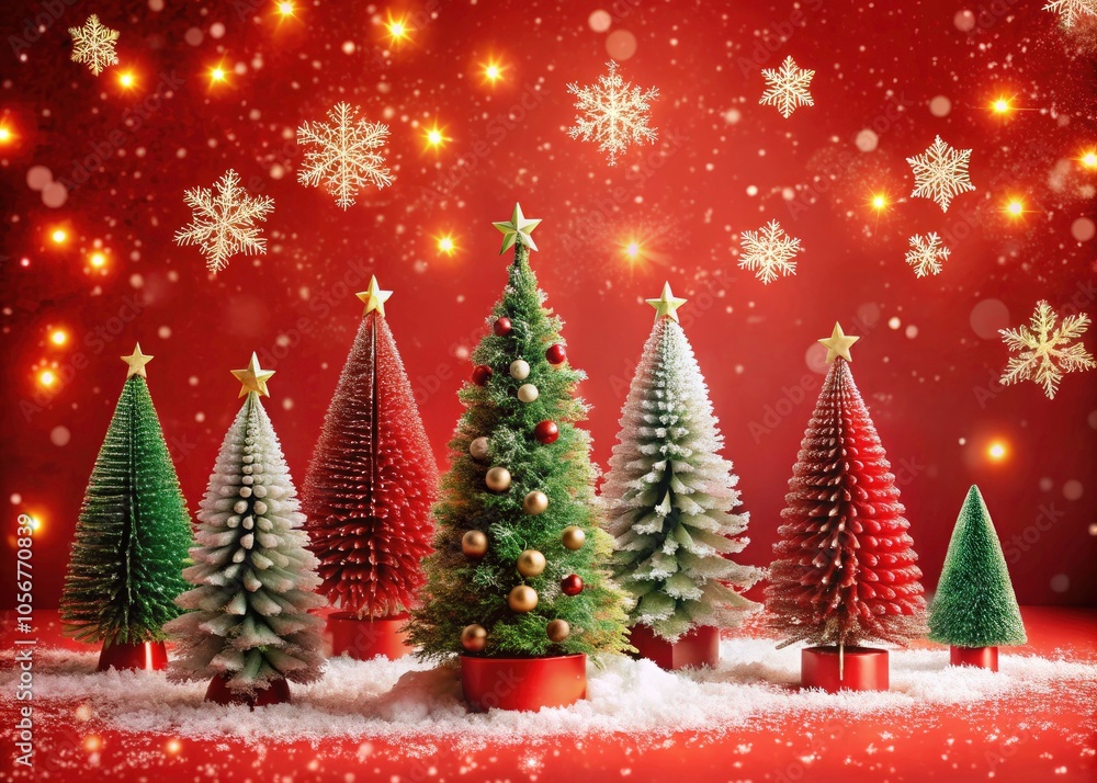 Obraz premium Festive Christmas Scene with Snowflakes and Trees on Vibrant Red Background â€“ Perfect for Holiday Decorations and Seasonal Celebrations