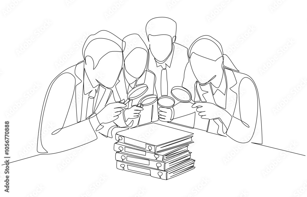 Continuous one line drawing of group of auditors holding magnifying glass looking at company financial statement document pile, internal auditor team concept, single line art. Continuous one line drawing of group of auditors holding magnifying glass looking at company financial statement document pile, internal auditor team concept, single line art.