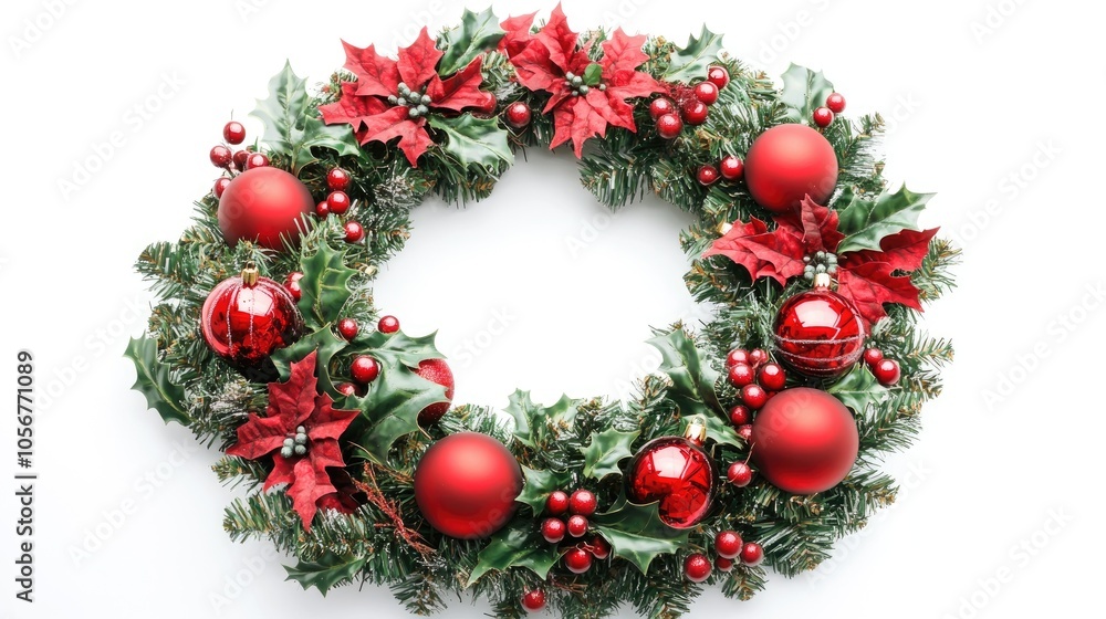 Vibrant holiday wreath adorned with holly and red ornaments on a white background perfect for festive celebrations Vibrant holiday wreath adorned with holly and red ornaments on a white background perfect for festive celebrations