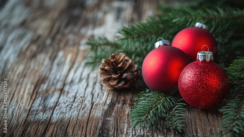 Red Christmas ornaments on a fir branch with a rustic wooden background ideal for a holiday greeting card reflecting the winter season Red Christmas ornaments on a fir branch with a rustic wooden background ideal for a holiday greeting card reflecting the winter season