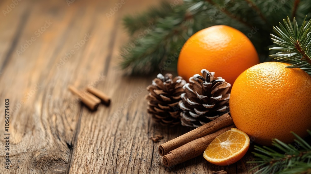 Festive holiday background featuring cinnamon pinecones and oranges arranged on a wooden table High quality image capturing seasonal decorations Festive holiday background featuring cinnamon pinecones and oranges arranged on a wooden table High quality image capturing seasonal decorations