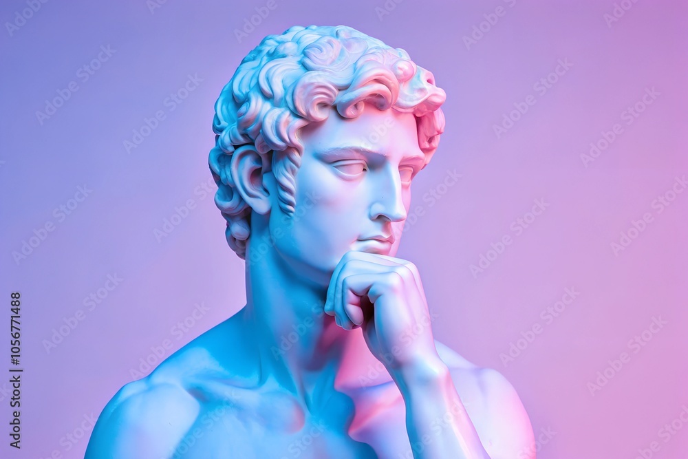 Detailed marble statue of a man in pink and blue tones with a pensive expression, set against a minimal background with copy space. Modern lighting enhances classical features. Detailed marble statue of a man in pink and blue tones with a pensive expression, set against a minimal background with copy space. Modern lighting enhances classical features.