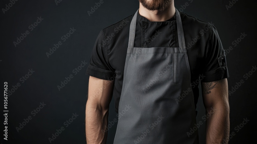 Mockup featuring a chef waiter or baker in a plain black apron set against a dark background Mockup featuring a chef waiter or baker in a plain black apron set against a dark background