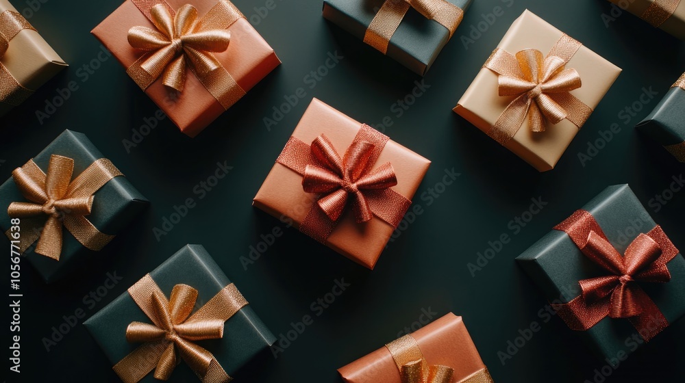 Gift boxes adorned with bows against a black backdrop Top view flat lay composition Gift boxes adorned with bows against a black backdrop Top view flat lay composition