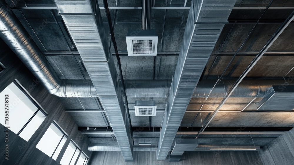Ceiling with ventilation ducts and communication boxes featuring cables within an industrial or loft style interior Ceiling with ventilation ducts and communication boxes featuring cables within an industrial or loft style interior