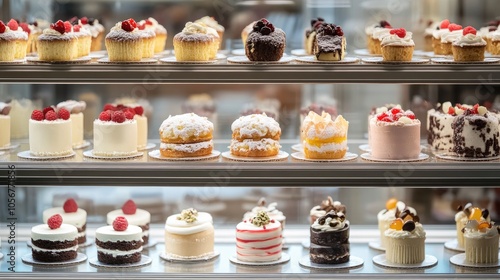 Assorted small cakes showcased in a pastry shop display case Delicate confections arranged for a tempting visual appeal