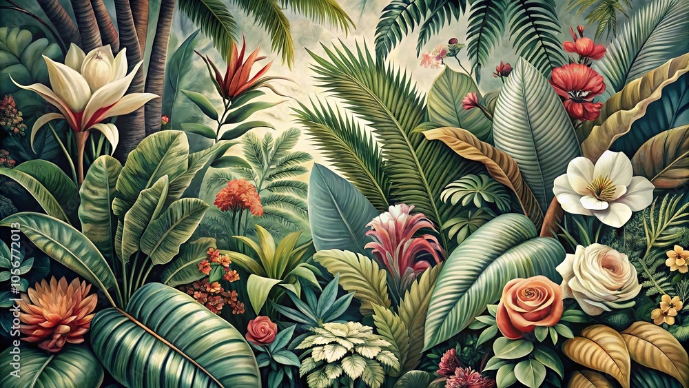 Obraz premium A symphony of lush foliage and vibrant blooms, painted in a vibrant palette of greens, reds, and whites, capturing the essence of a thriving jungle.