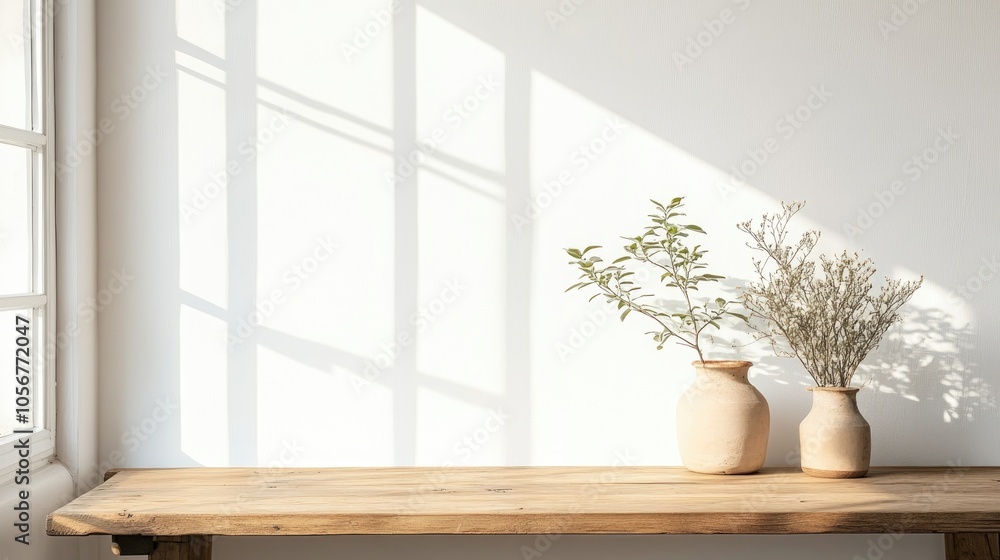 Empty wooden table serves as a versatile surface for multiple uses featuring a neutral color scheme complemented by a white wall and abundant natural light from a nearby window Empty wooden table serves as a versatile surface for multiple uses featuring a neutral color scheme complemented by a white wall and abundant natural light from a nearby window