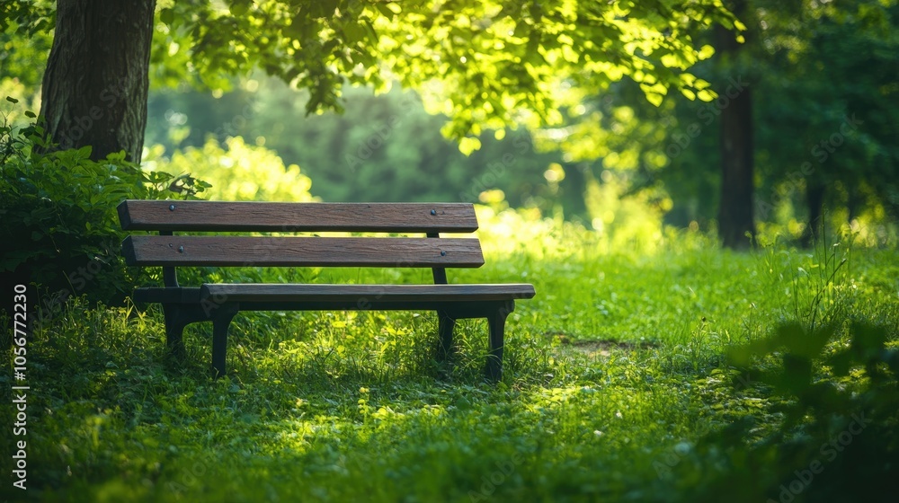 Wooden Bench Surrounded by Lush Grass and Natural Scenery Wooden Bench Surrounded by Lush Grass and Natural Scenery