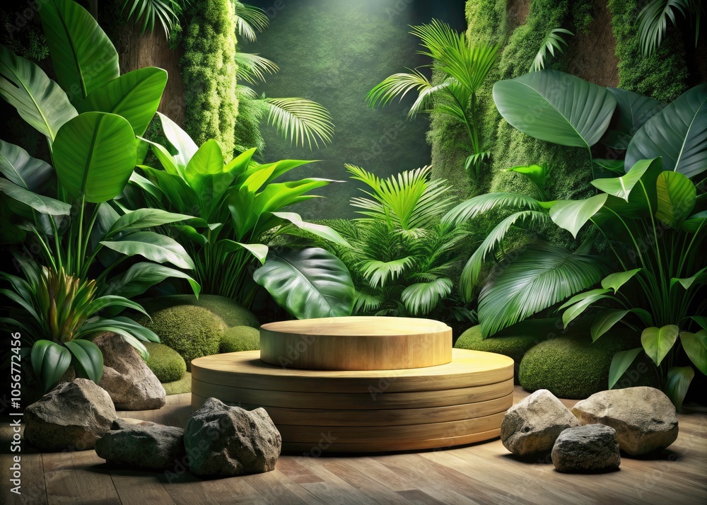 Forest Green Podium Display with Natural Elements for Product Presentation in a Cosmetic Jungle Scene Forest Green Podium Display with Natural Elements for Product Presentation in a Cosmetic Jungle Scene