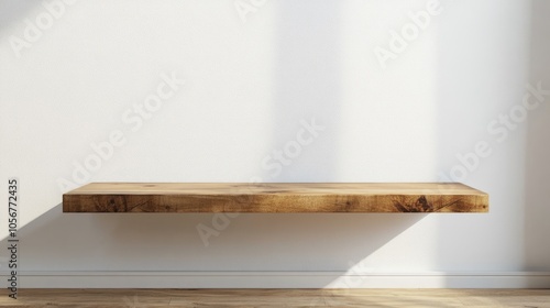 Floating wooden shelf mounted on a white wall complemented by a wooden floor in a contemporary setting photo