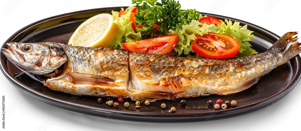 Fresh Fish With Lemon Salad And Spices Stacked On Black Plate Isolated On White Background Fresh Fish With Lemon Salad And Spices Stacked On Black Plate Isolated On White Background