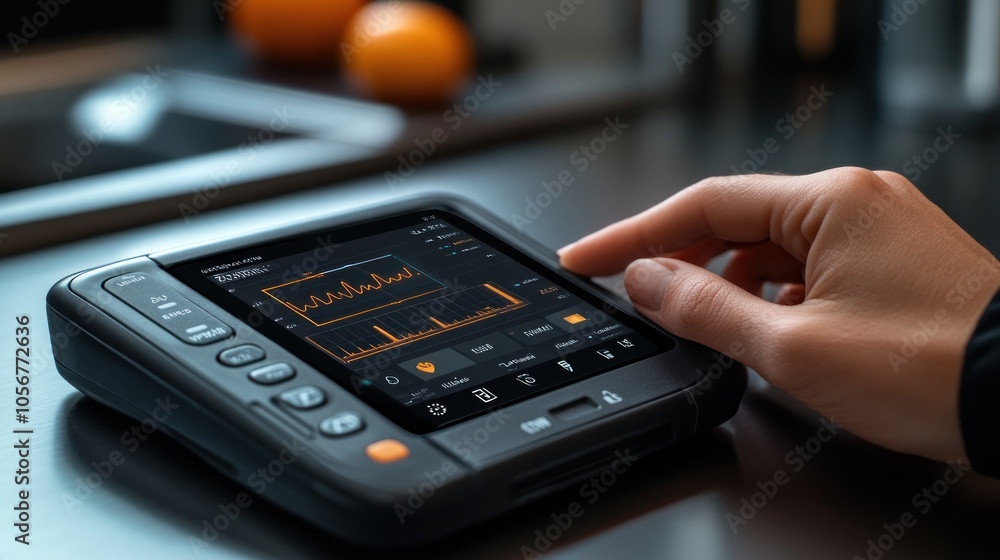 A hand interacting with a digital device displaying data trends. A hand interacting with a digital device displaying data trends.