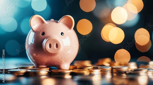 piggy bank and coins with bokeh background. Generated Ai