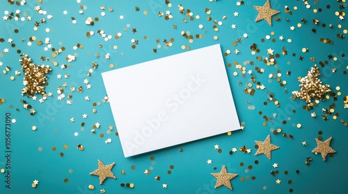 Blank white greeting card surrounded by golden sequins stars and confetti on a teal blue background Ideal for mockup presentations Flat lay with space for text