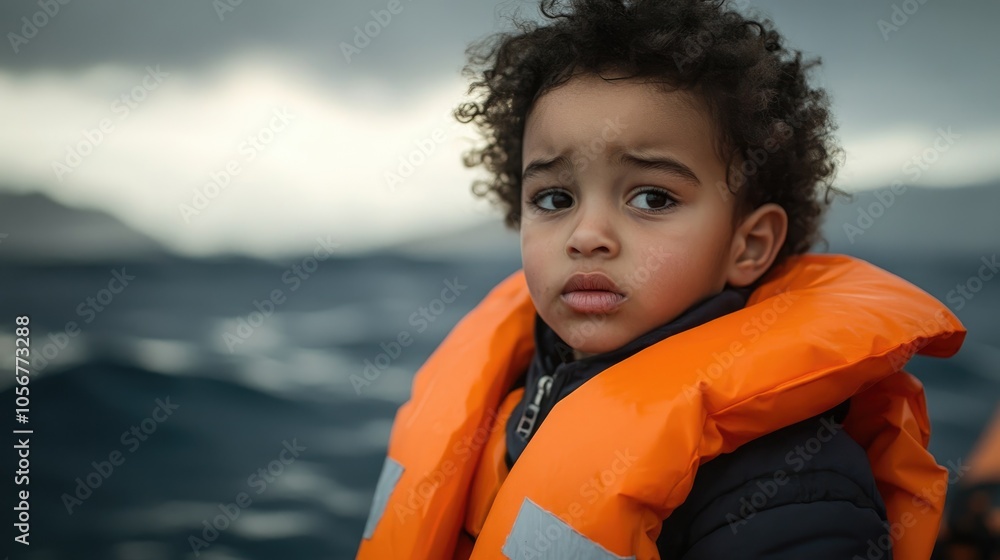 Young refugee child wearing an orange life jacket on a migrant boat expressing sadness Young refugee child wearing an orange life jacket on a migrant boat expressing sadness