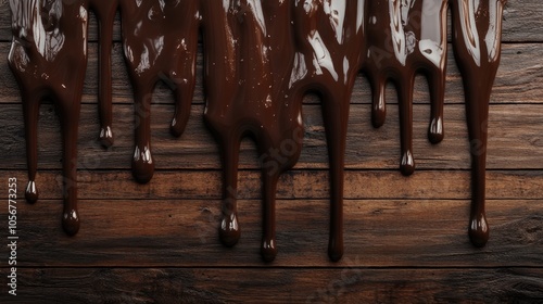 Glossy dripping chocolate ganache over a wooden surface creates a rich indulgent backdrop