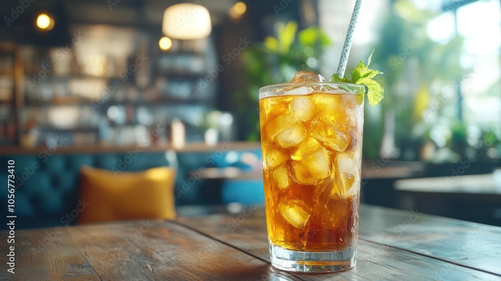 A glass of ice tea with garnish, sitting on a wooden table in a well-lit cafe. A glass of ice tea with garnish, sitting on a wooden table in a well-lit cafe.